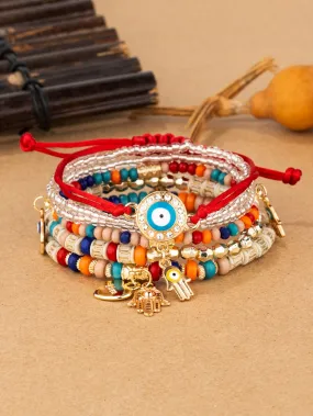 6pcs/set Eye Detail Hamsa Hand & Heart Charm Beaded Bracelet Women's Beaded