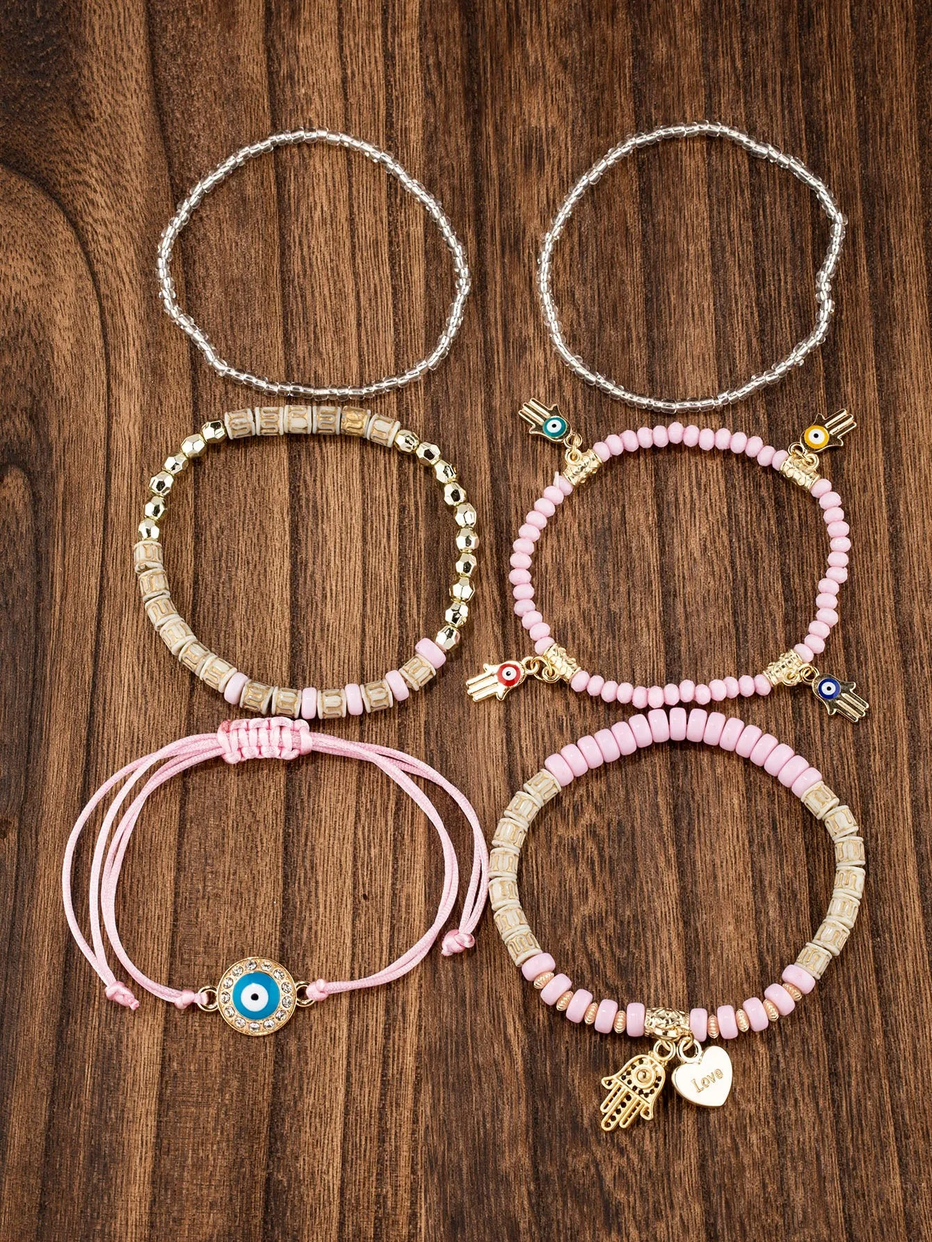6pcs/set Eye Detail Hamsa Hand & Heart Charm Beaded Bracelet Women's Beaded