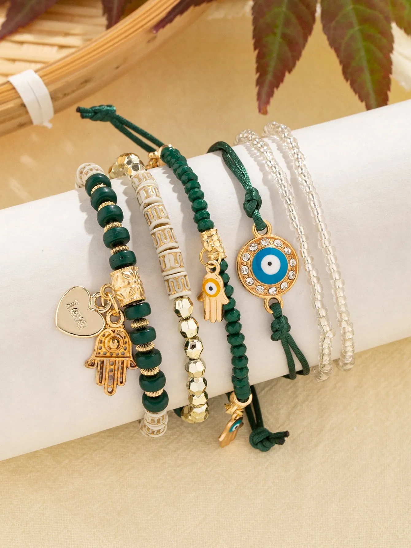 6pcs/set Eye Detail Hamsa Hand & Heart Charm Beaded Bracelet Women's Beaded