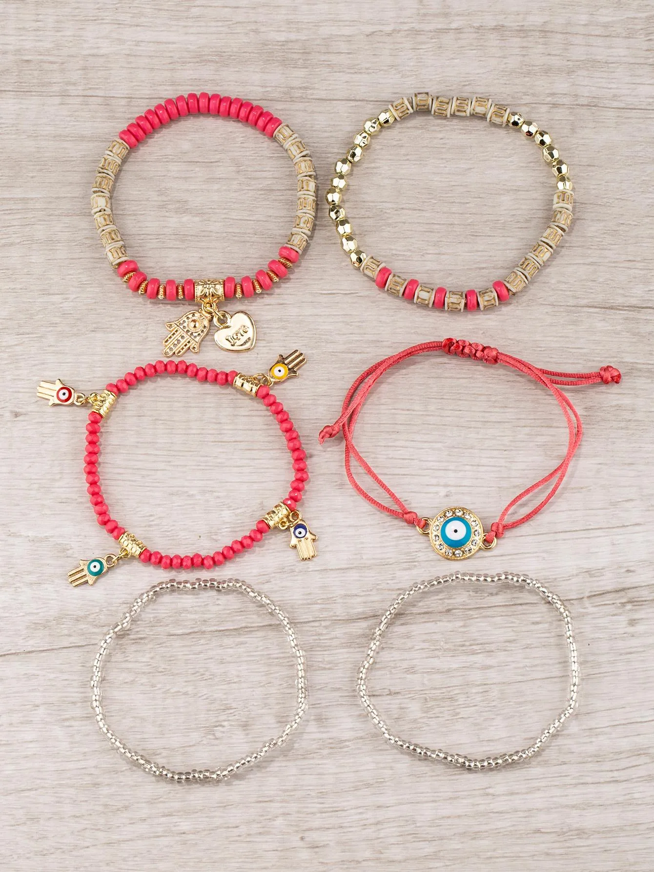 6pcs/set Eye Detail Hamsa Hand & Heart Charm Beaded Bracelet Women's Beaded