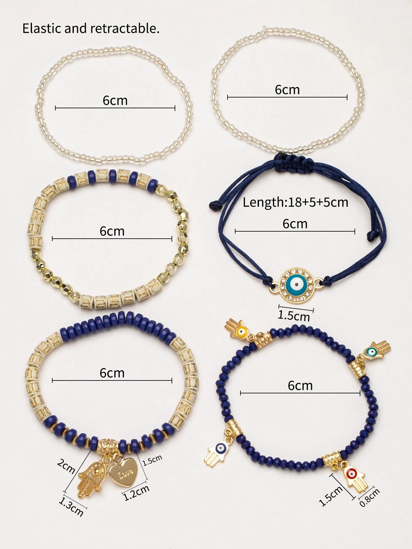 6pcs/set Eye Detail Hamsa Hand & Heart Charm Beaded Bracelet Women's Beaded