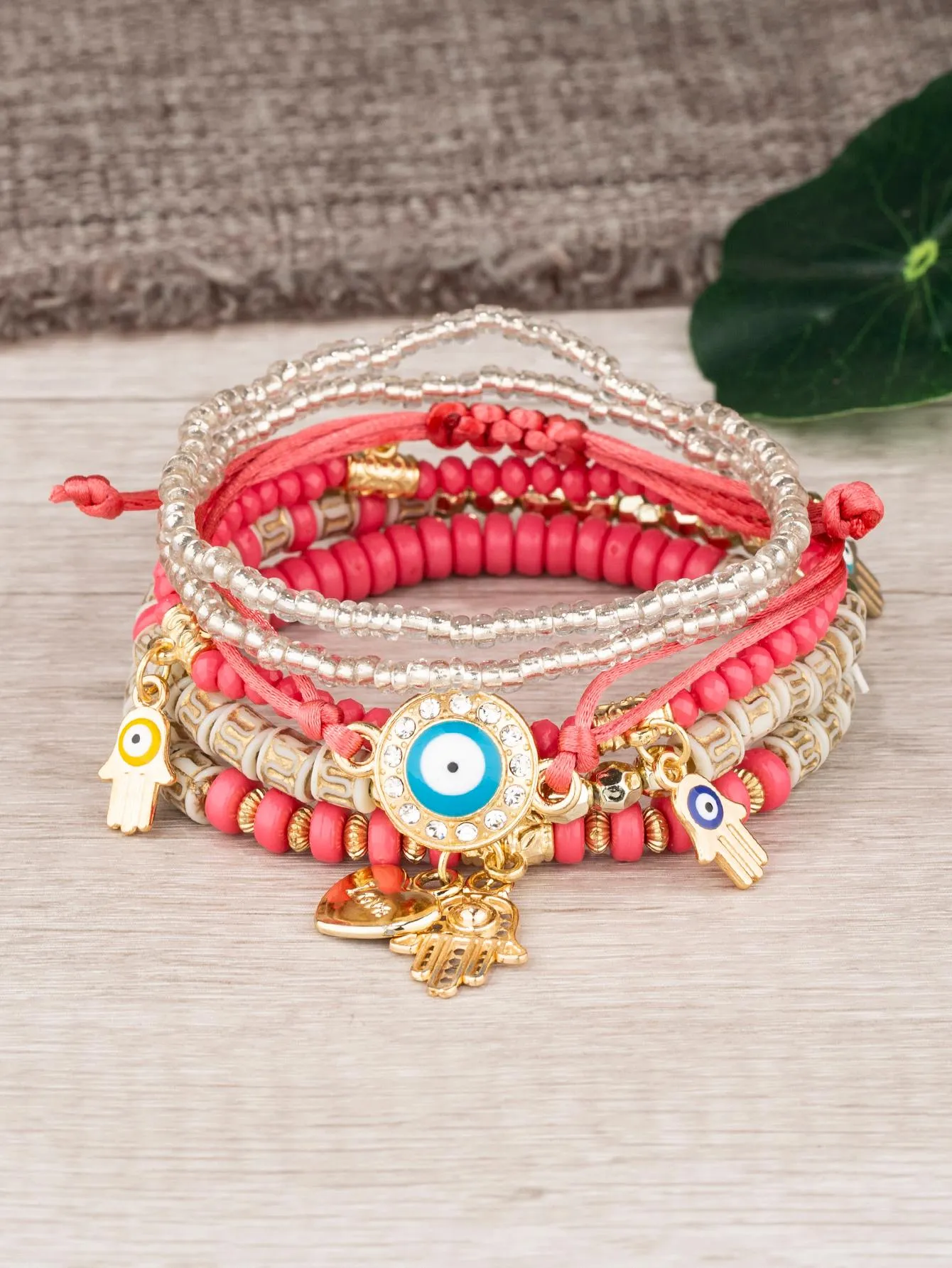 6pcs/set Eye Detail Hamsa Hand & Heart Charm Beaded Bracelet Women's Beaded