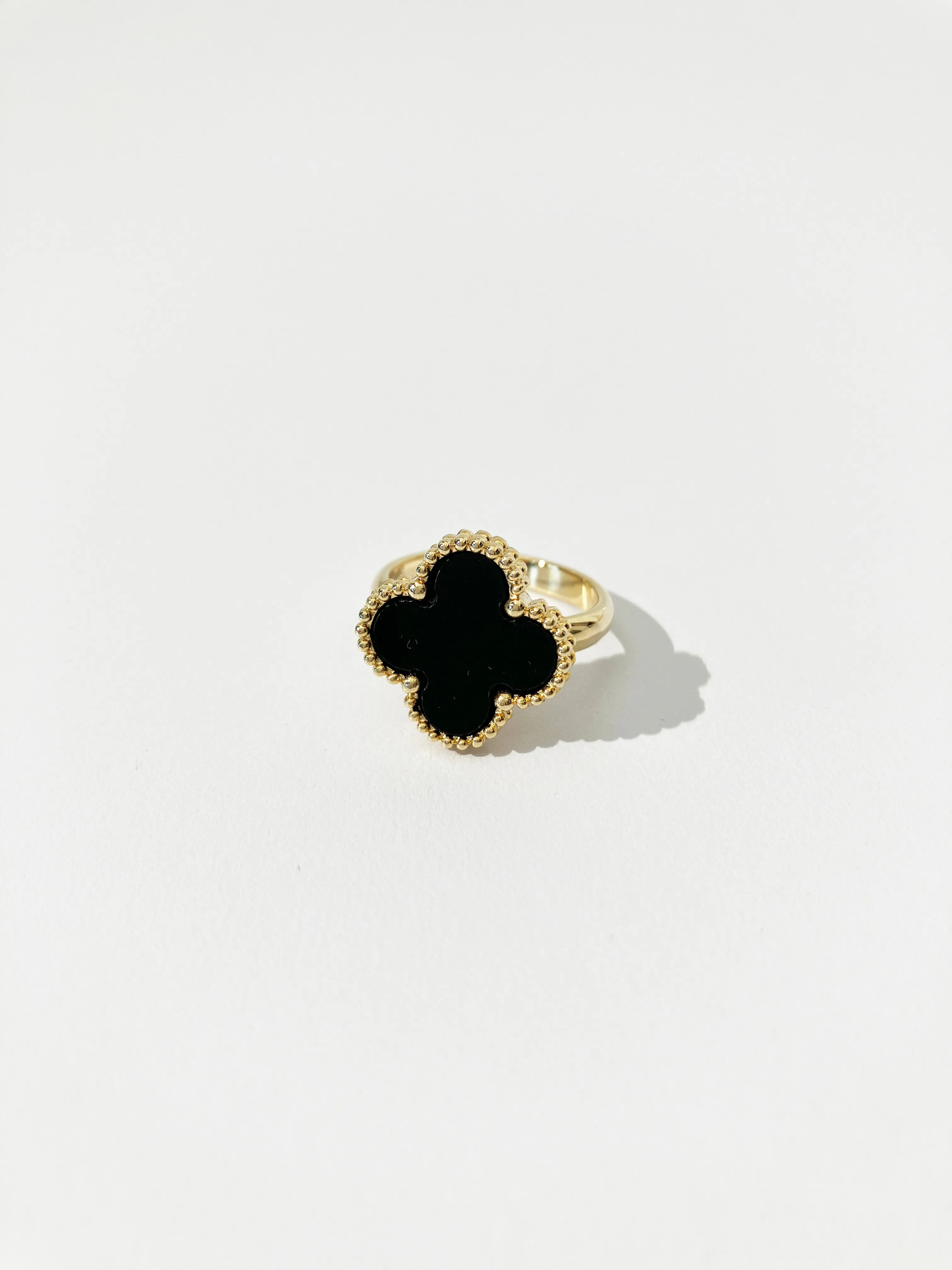 Adjustable Small Onyx Quatrefoil Motif Ring in Gold