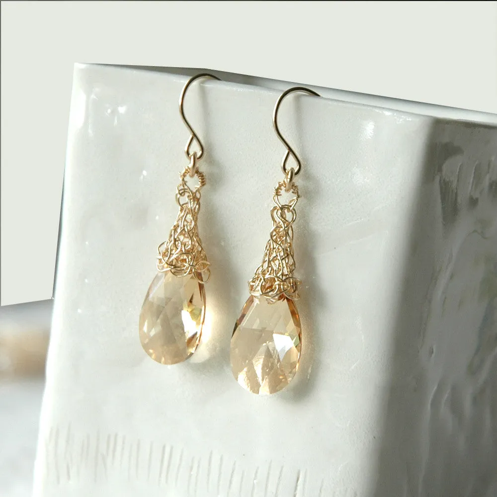 Amber Crystal Earrings, Dangle Gold Filled Swarovski earrings