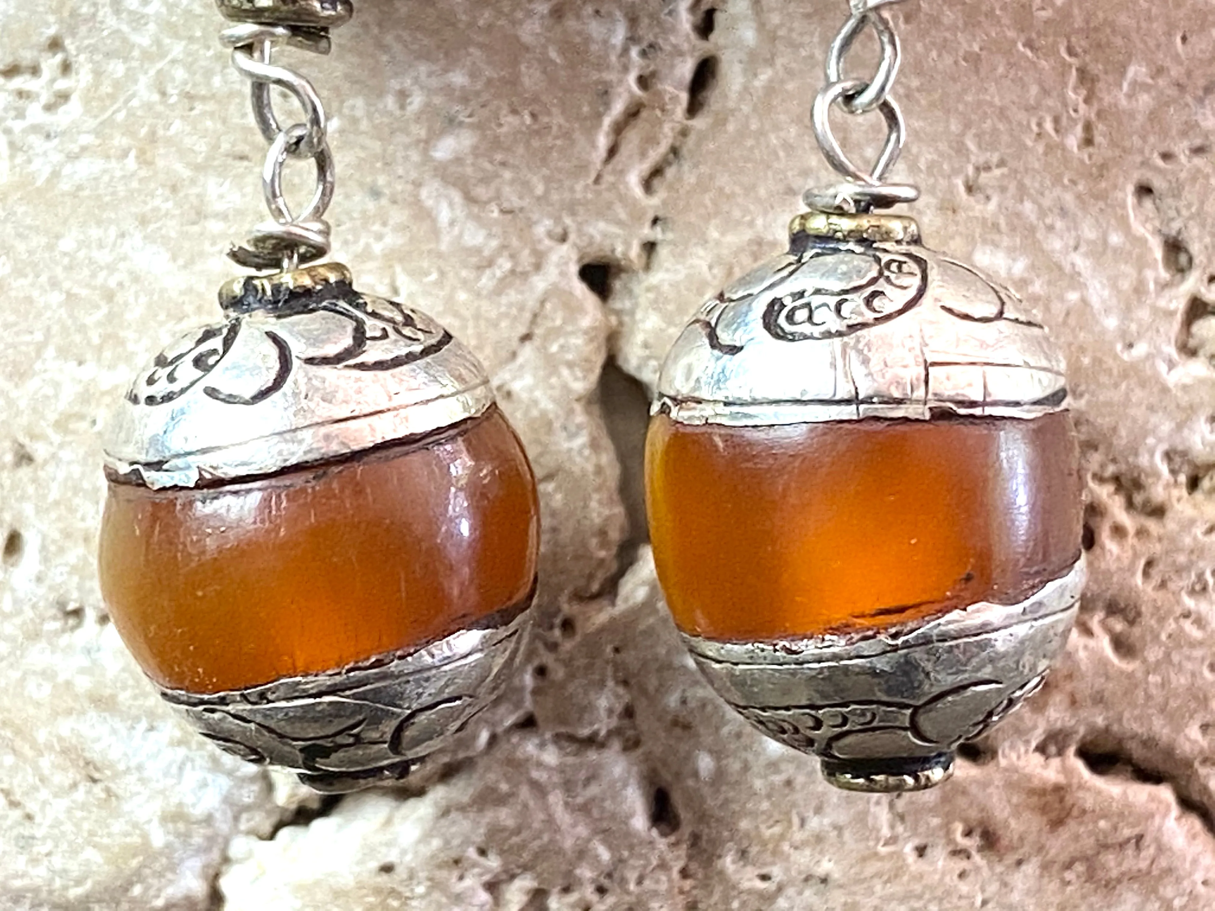 Amber Silver Tibetan Earrings