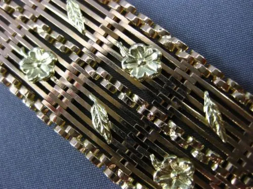 ANTIQUE WIDE 18KT YELLOW & ROSE GOLD HANDCRAFTED FLORAL FILIGREE BRACELET #22301