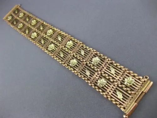ANTIQUE WIDE 18KT YELLOW & ROSE GOLD HANDCRAFTED FLORAL FILIGREE BRACELET #22301