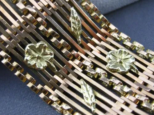 ANTIQUE WIDE 18KT YELLOW & ROSE GOLD HANDCRAFTED FLORAL FILIGREE BRACELET #22301