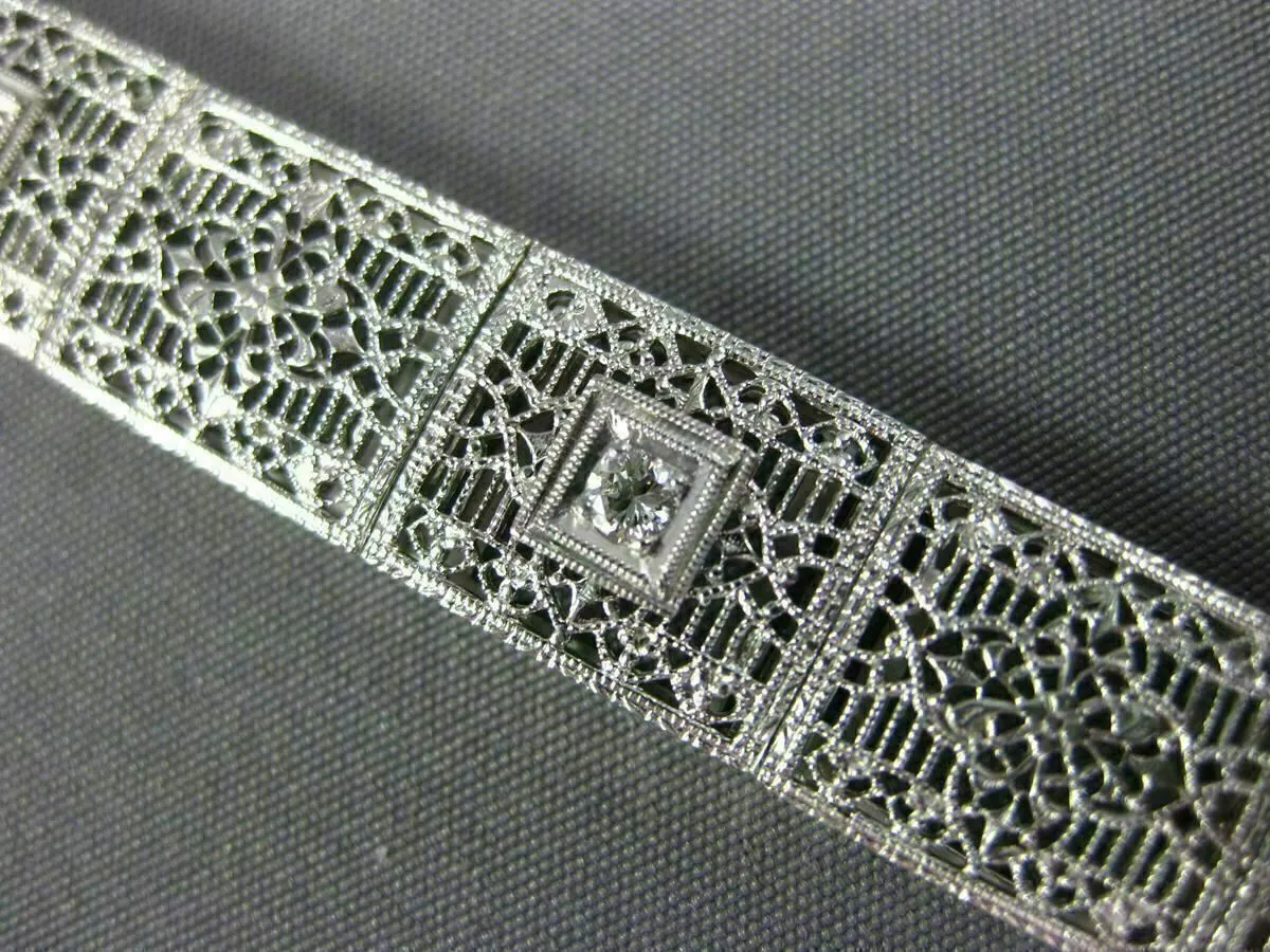 ANTIQUE WIDE & LONG .15CT DIAMOND 14K WHITE GOLD FILIGREE TENNIS BRACELET #26025