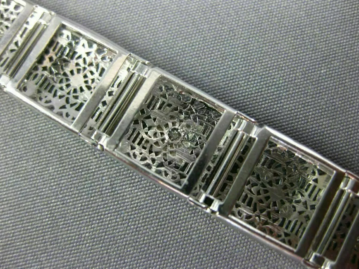 ANTIQUE WIDE & LONG .15CT DIAMOND 14K WHITE GOLD FILIGREE TENNIS BRACELET #26025