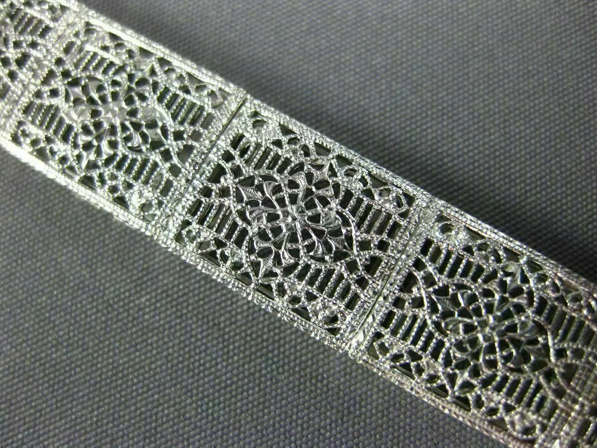 ANTIQUE WIDE & LONG .15CT DIAMOND 14K WHITE GOLD FILIGREE TENNIS BRACELET #26025