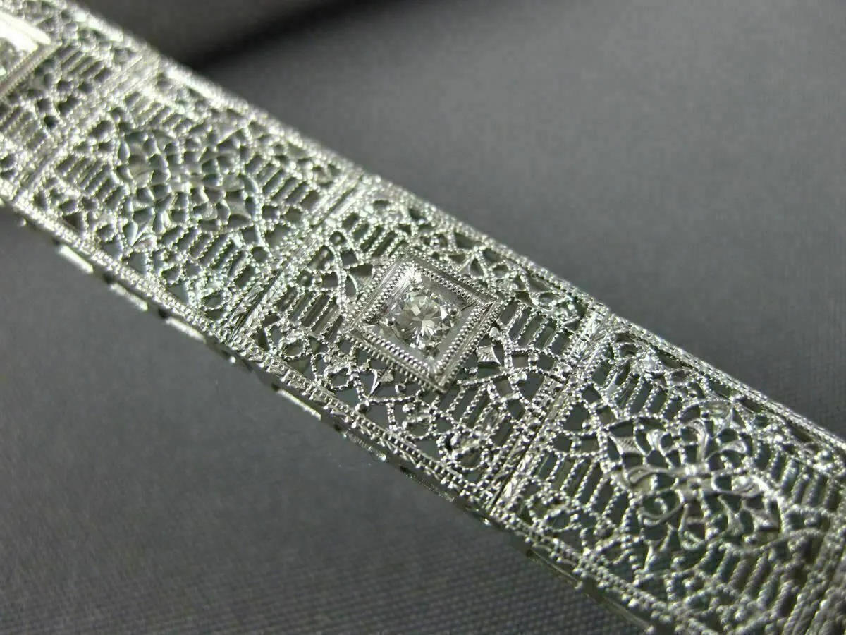 ANTIQUE WIDE & LONG .15CT DIAMOND 14K WHITE GOLD FILIGREE TENNIS BRACELET #26025