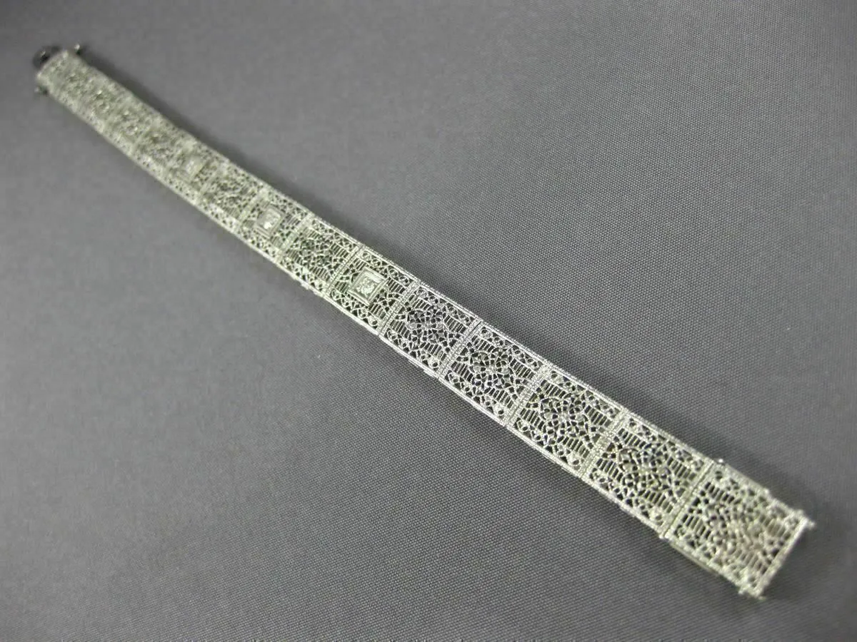 ANTIQUE WIDE & LONG .15CT DIAMOND 14K WHITE GOLD FILIGREE TENNIS BRACELET #26025