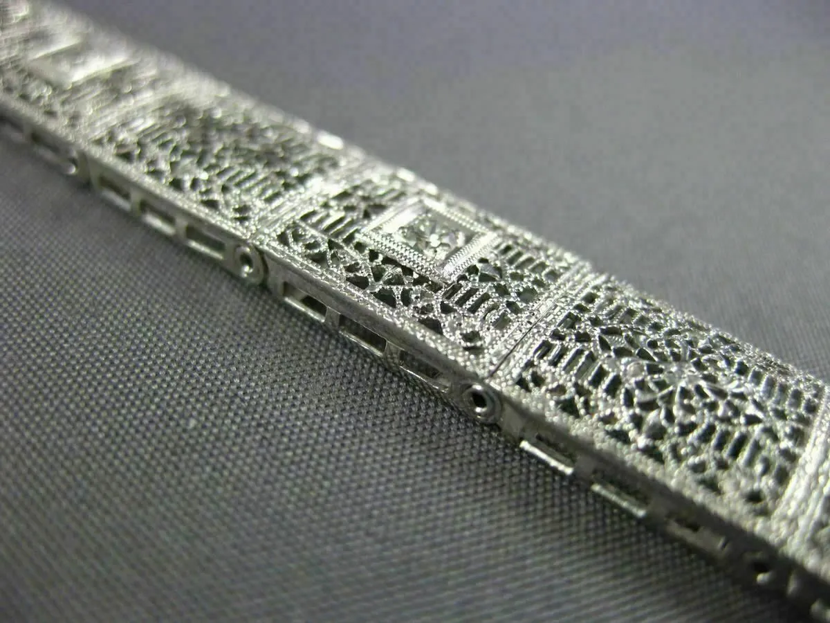 ANTIQUE WIDE & LONG .15CT DIAMOND 14K WHITE GOLD FILIGREE TENNIS BRACELET #26025