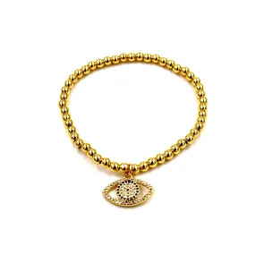 Ashley Gold Stainless Steel Gold Plated 4MM Beaded Stretch CZ Evil Eye Bracelet