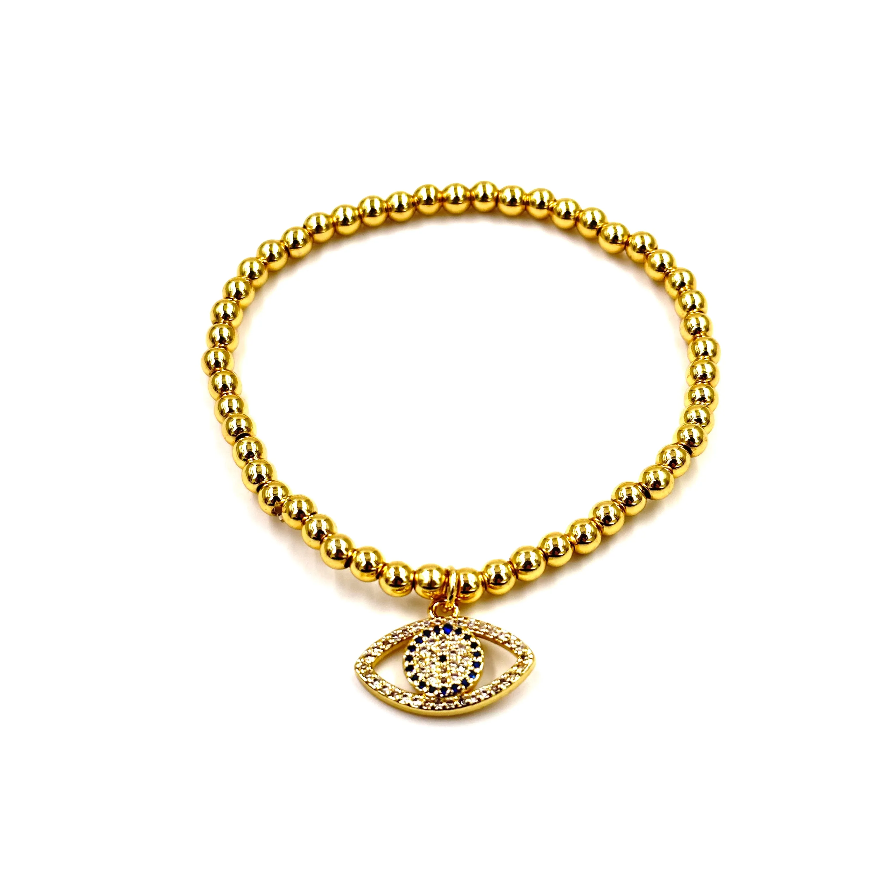 Ashley Gold Stainless Steel Gold Plated 4MM Beaded Stretch CZ Evil Eye Bracelet
