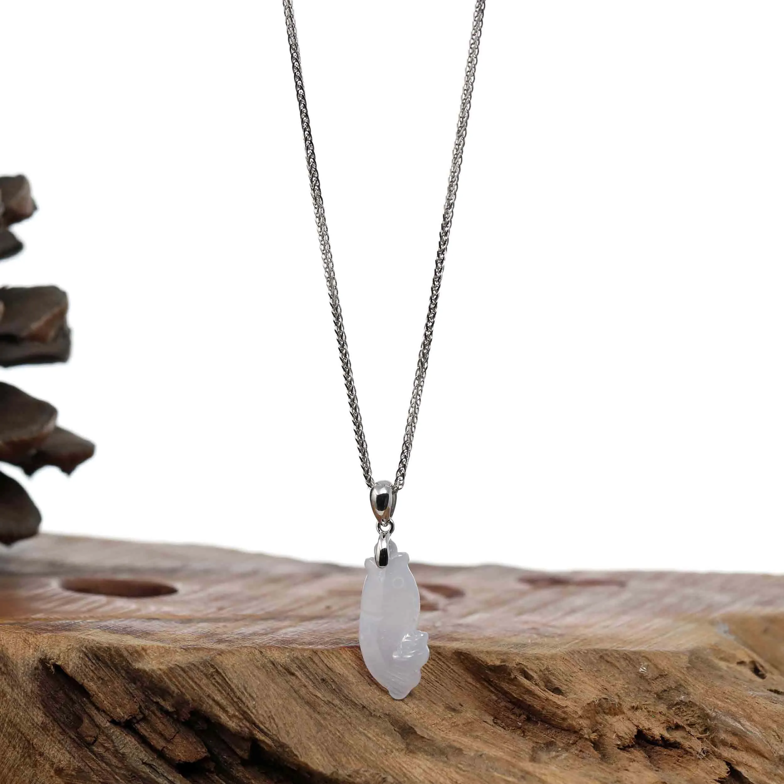 Baikalla "Prosperity Every Year (年年有鱼)" Lucky Fish Carving Pendant Necklace Natural Ice Lavender Jadeite Jade