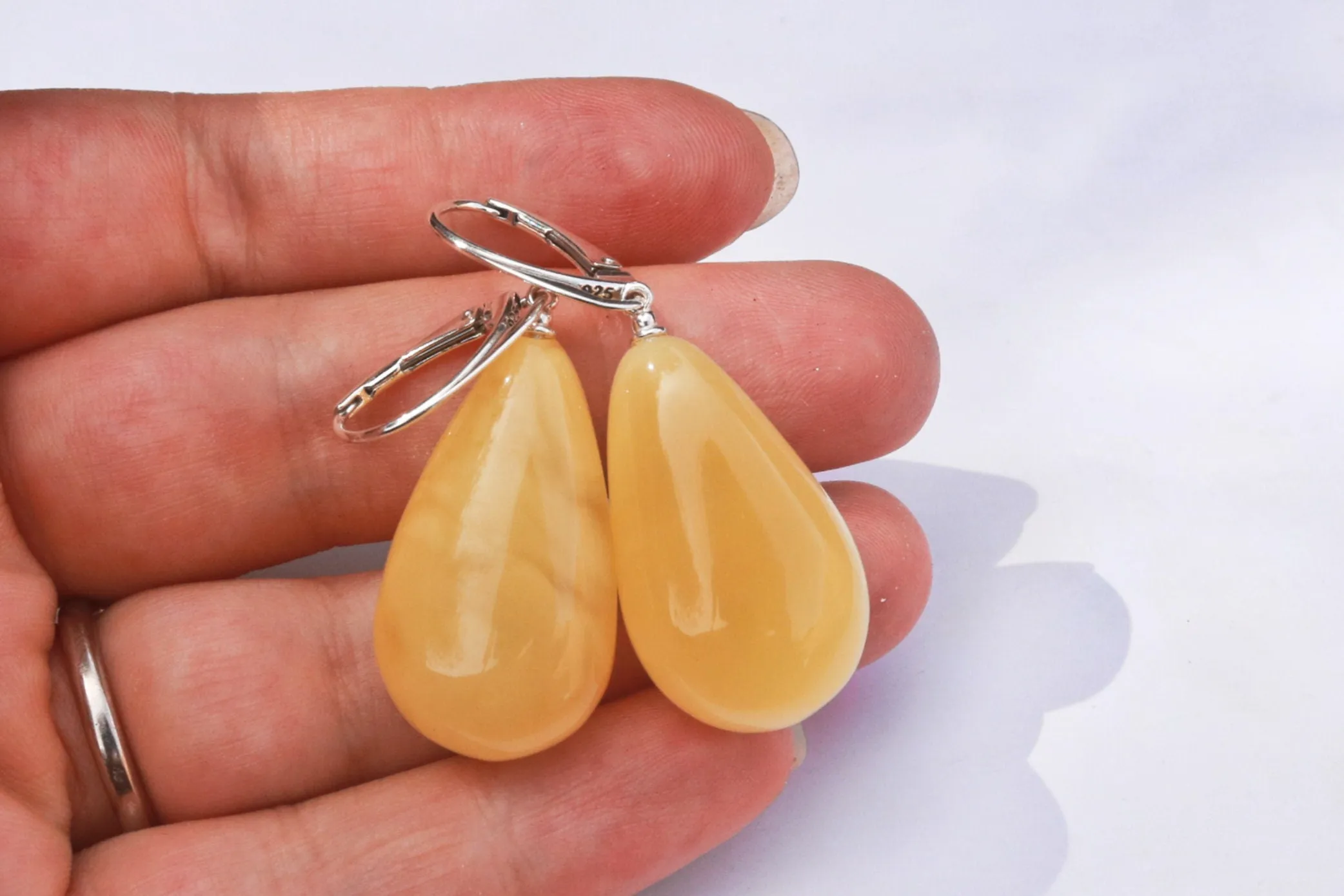 Baltic Amber Earrings Butterscotch Natural Drops Untreated 1.85" 925 Silver 6.4 gram