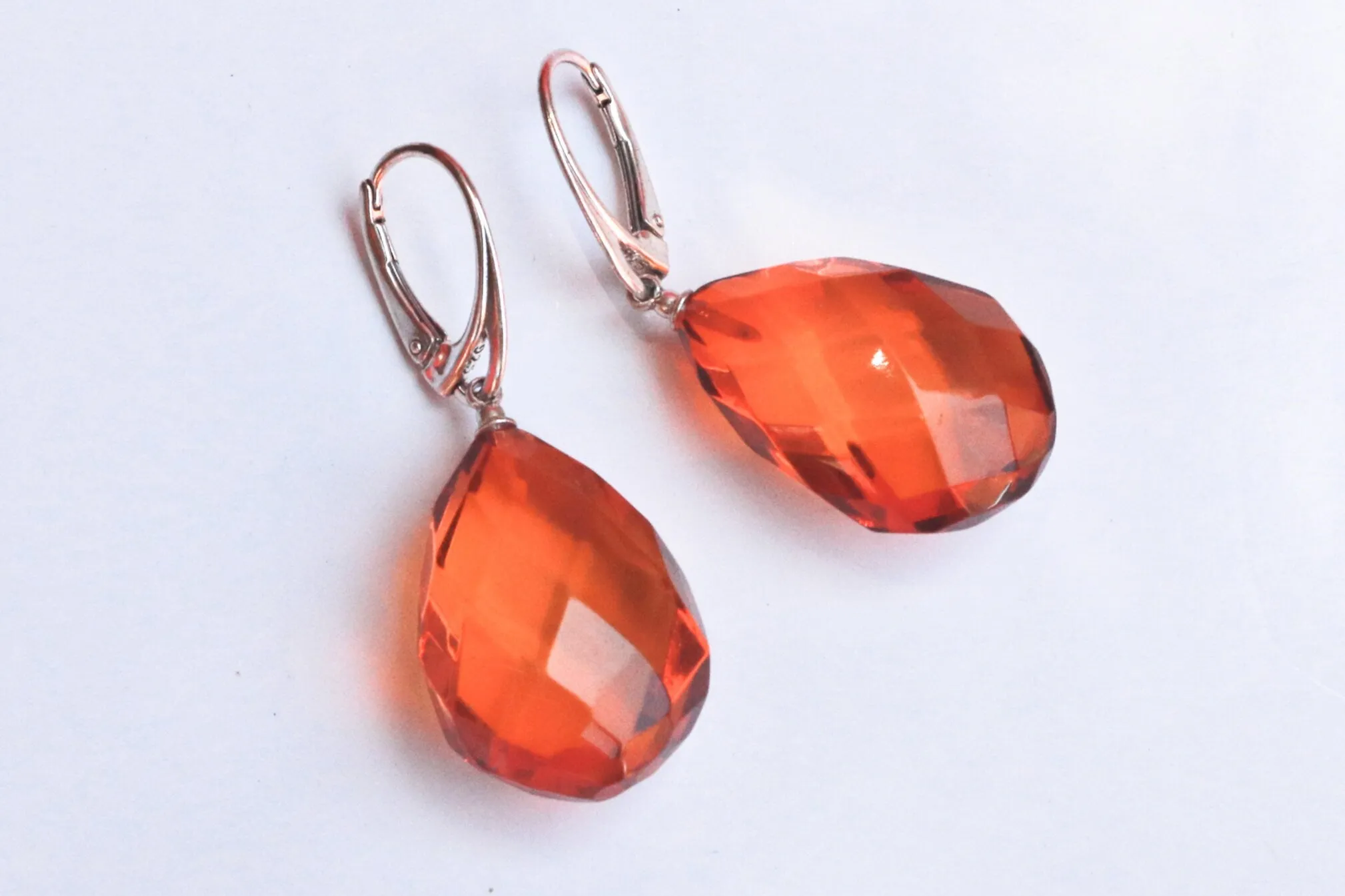 Baltic Amber Earrings Faceted Drop Pear Honey Natural Jewelry 1.77" 7.1 gram 925 silver