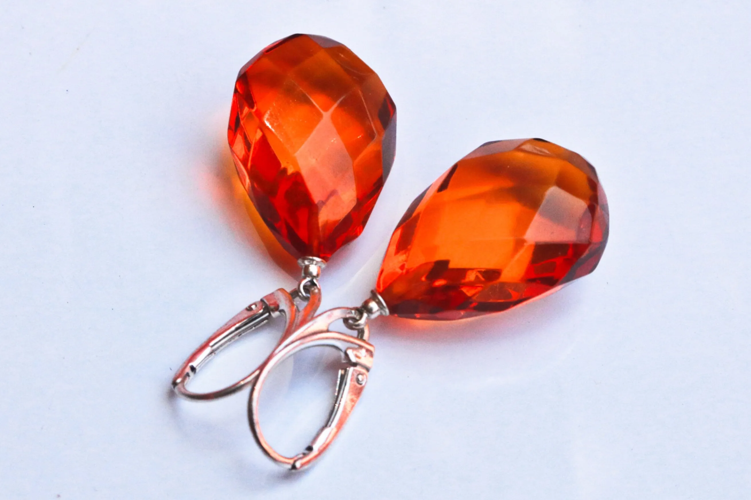 Baltic Amber Earrings Faceted Drop Pear Honey Natural Jewelry 1.77" 7.1 gram 925 silver