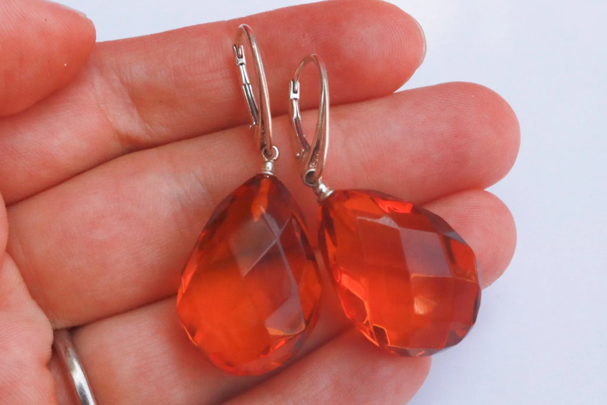 Baltic Amber Earrings Faceted Drop Pear Honey Natural Jewelry 1.77" 7.1 gram 925 silver