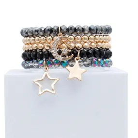 Black Glass and Gold Tone Star Charms Bracelet Set