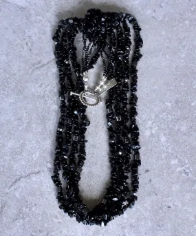 Black Onyx Chip 4-Strand Necklace with Hematite, Crystal, Czechoslovakian Nailheads and a Sterling Silver Toggle Clasp