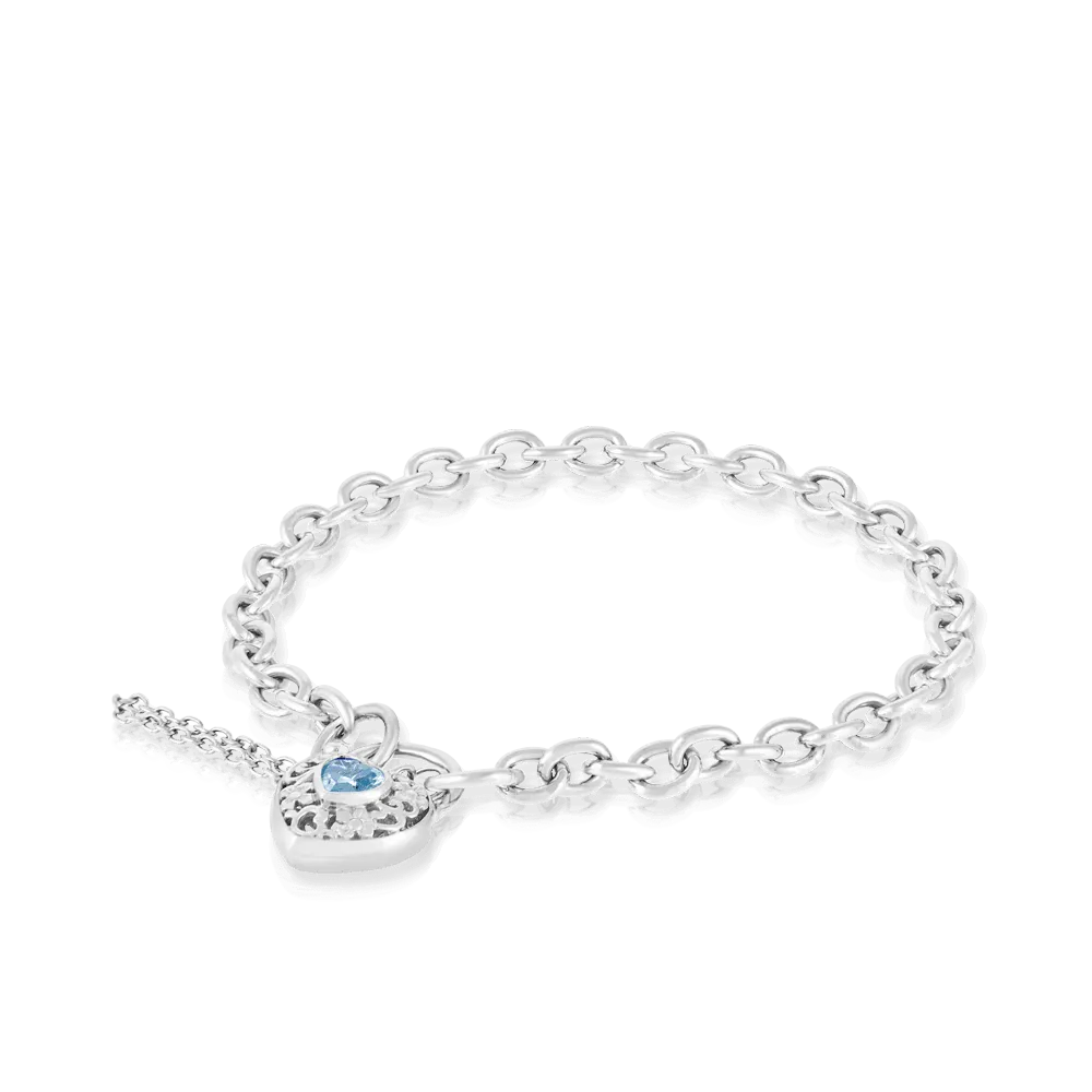 Blue Topaz Filigree Heart Padlock Bracelet in Sterling Silver