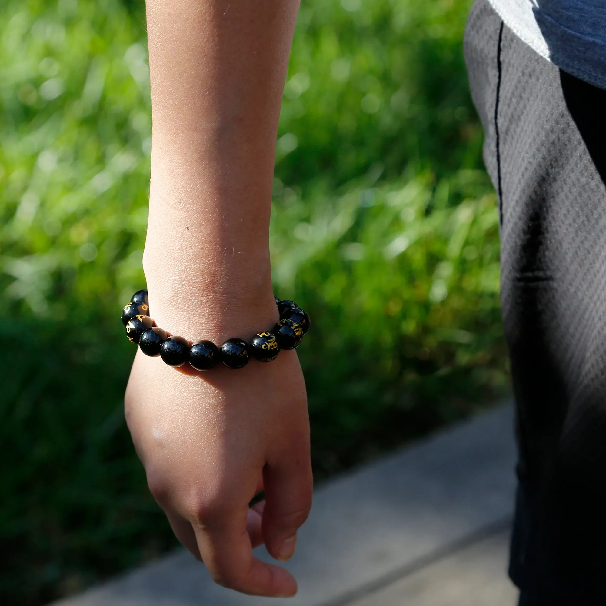 Buddhist Prayers Black Onyx Mens Beaded Bracelet, Tibetan Buddhism Prayers Mala Bracelet (Q)