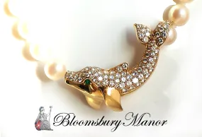 Cartier Akoya Pearl Dolphin Necklace in 18K Gold set with Diamonds & Emerald