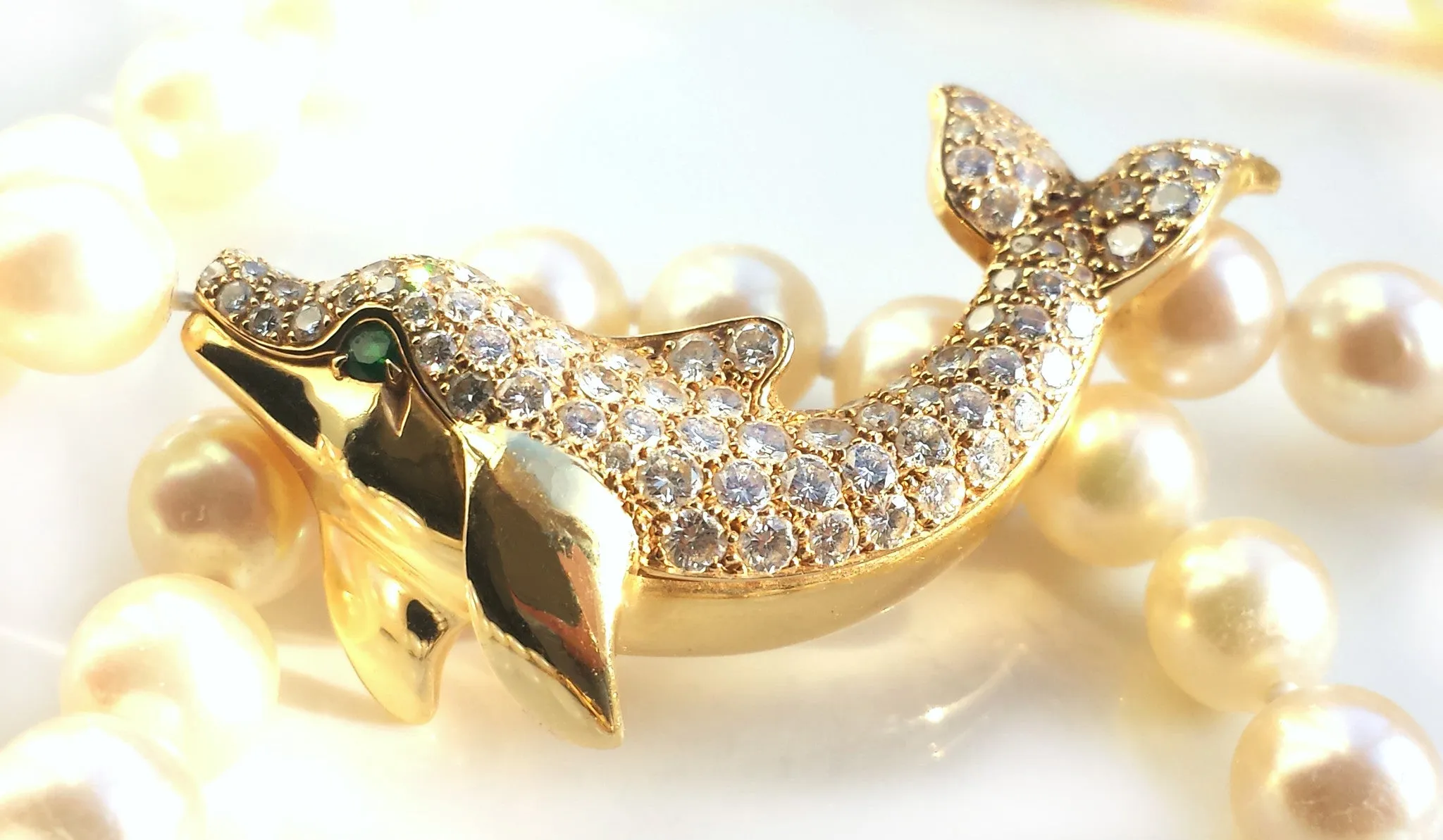 Cartier Akoya Pearl Dolphin Necklace in 18K Gold set with Diamonds & Emerald