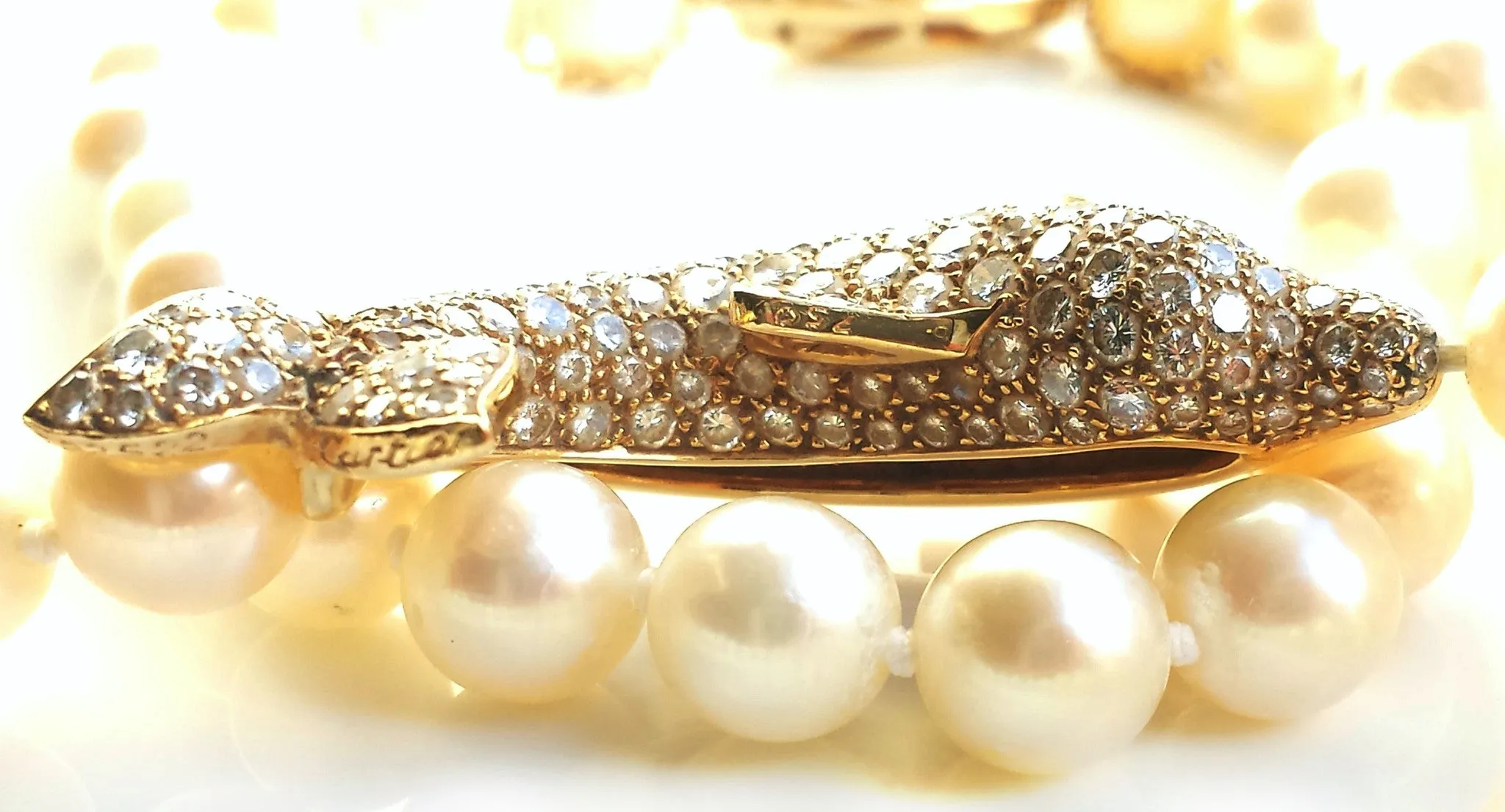 Cartier Akoya Pearl Dolphin Necklace in 18K Gold set with Diamonds & Emerald
