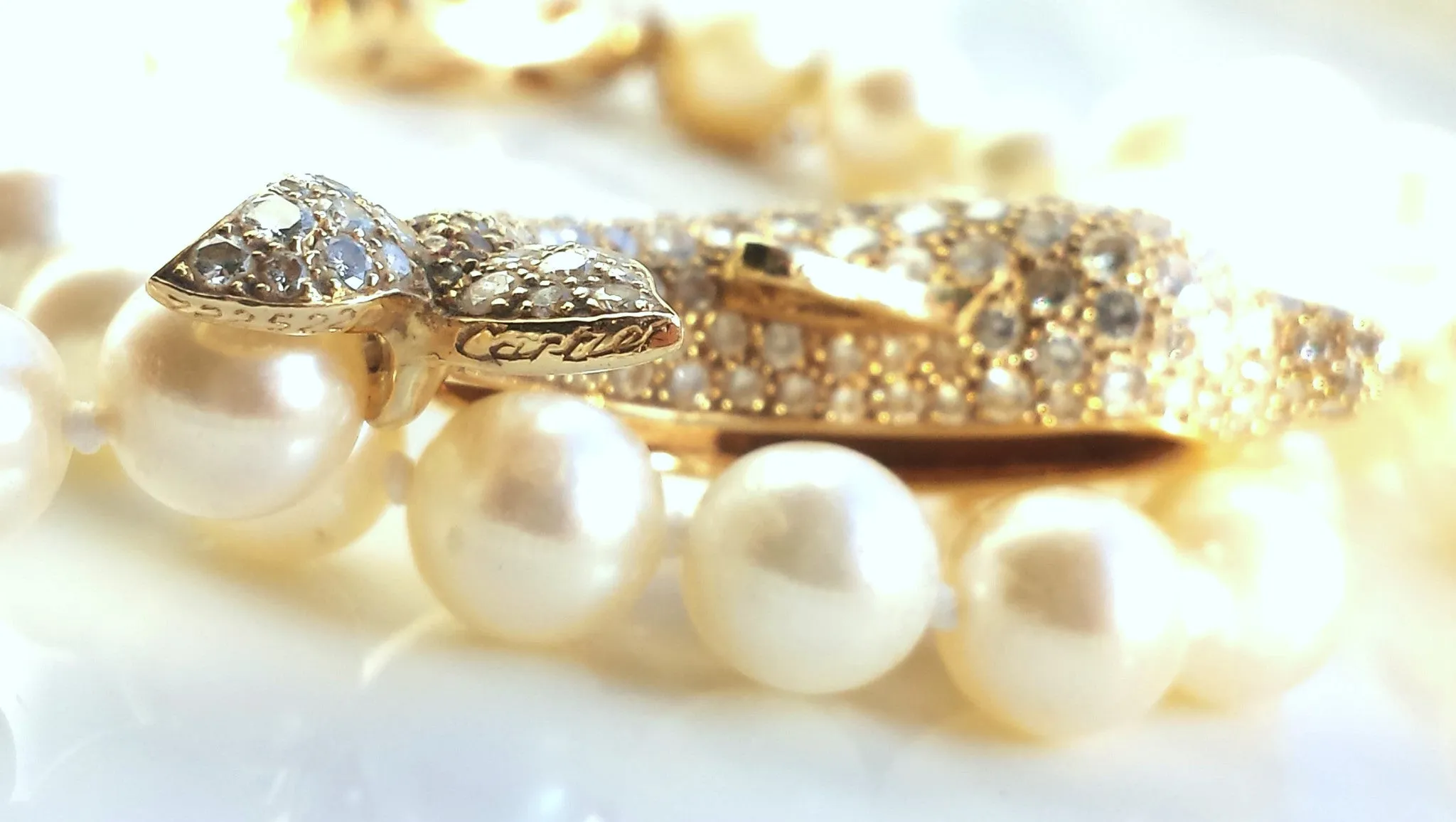 Cartier Akoya Pearl Dolphin Necklace in 18K Gold set with Diamonds & Emerald