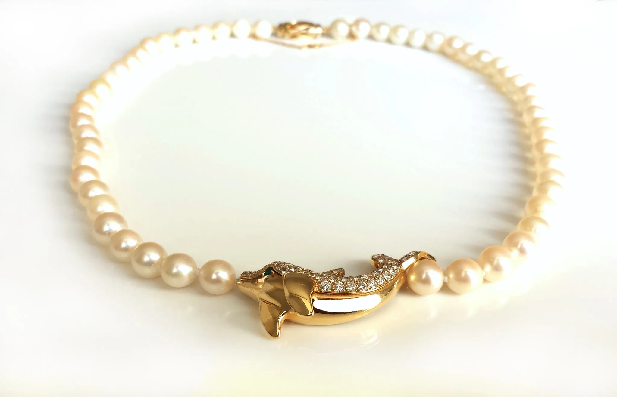 Cartier Akoya Pearl Dolphin Necklace in 18K Gold set with Diamonds & Emerald