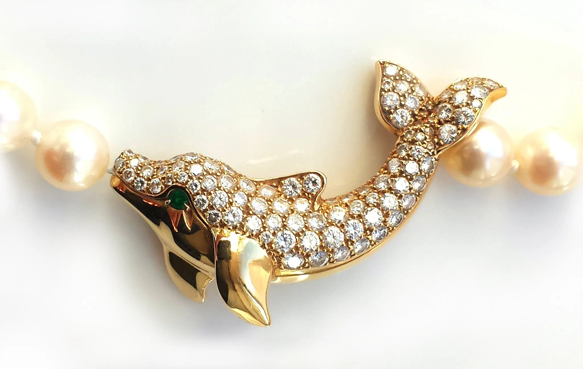 Cartier Akoya Pearl Dolphin Necklace in 18K Gold set with Diamonds & Emerald