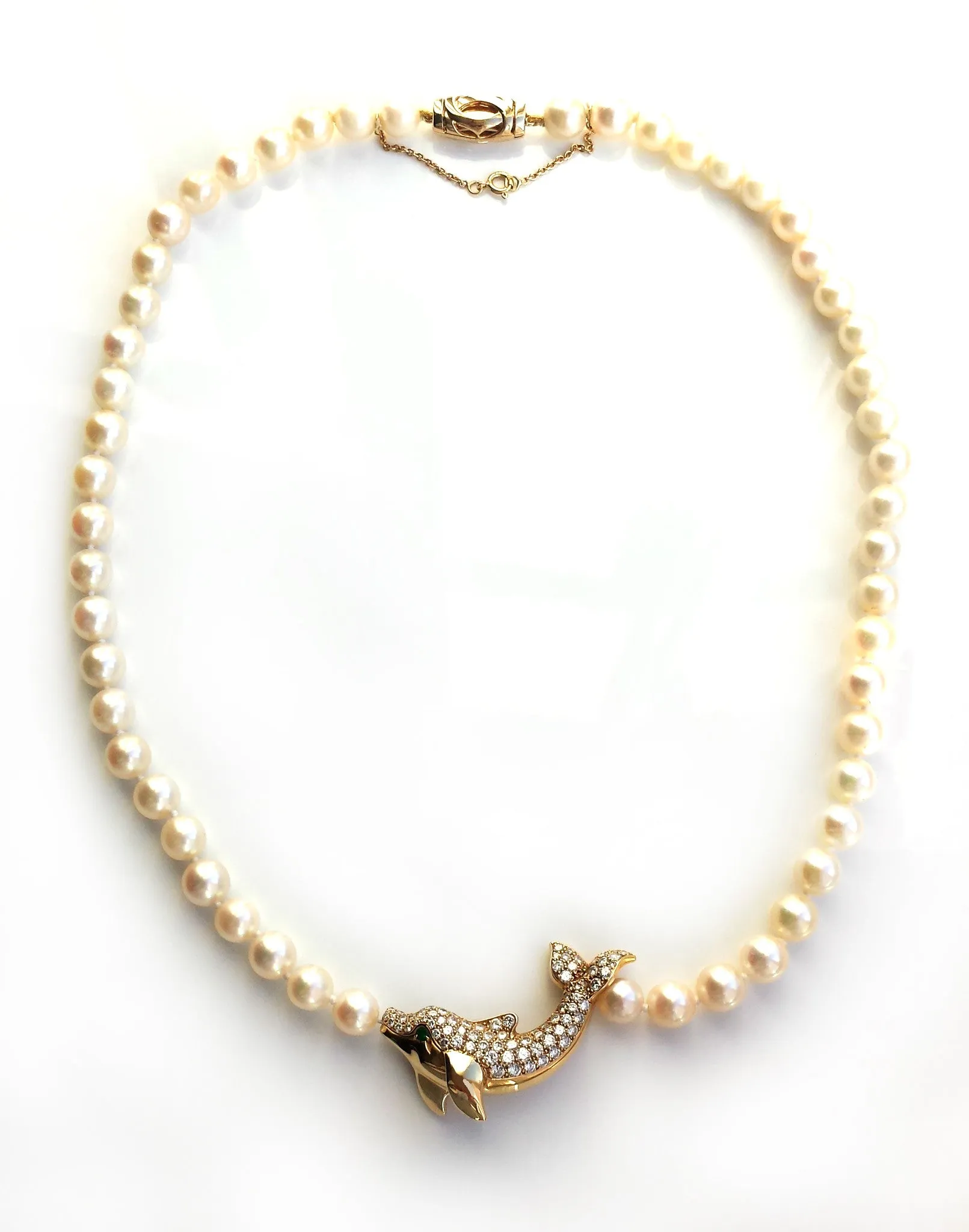 Cartier Akoya Pearl Dolphin Necklace in 18K Gold set with Diamonds & Emerald
