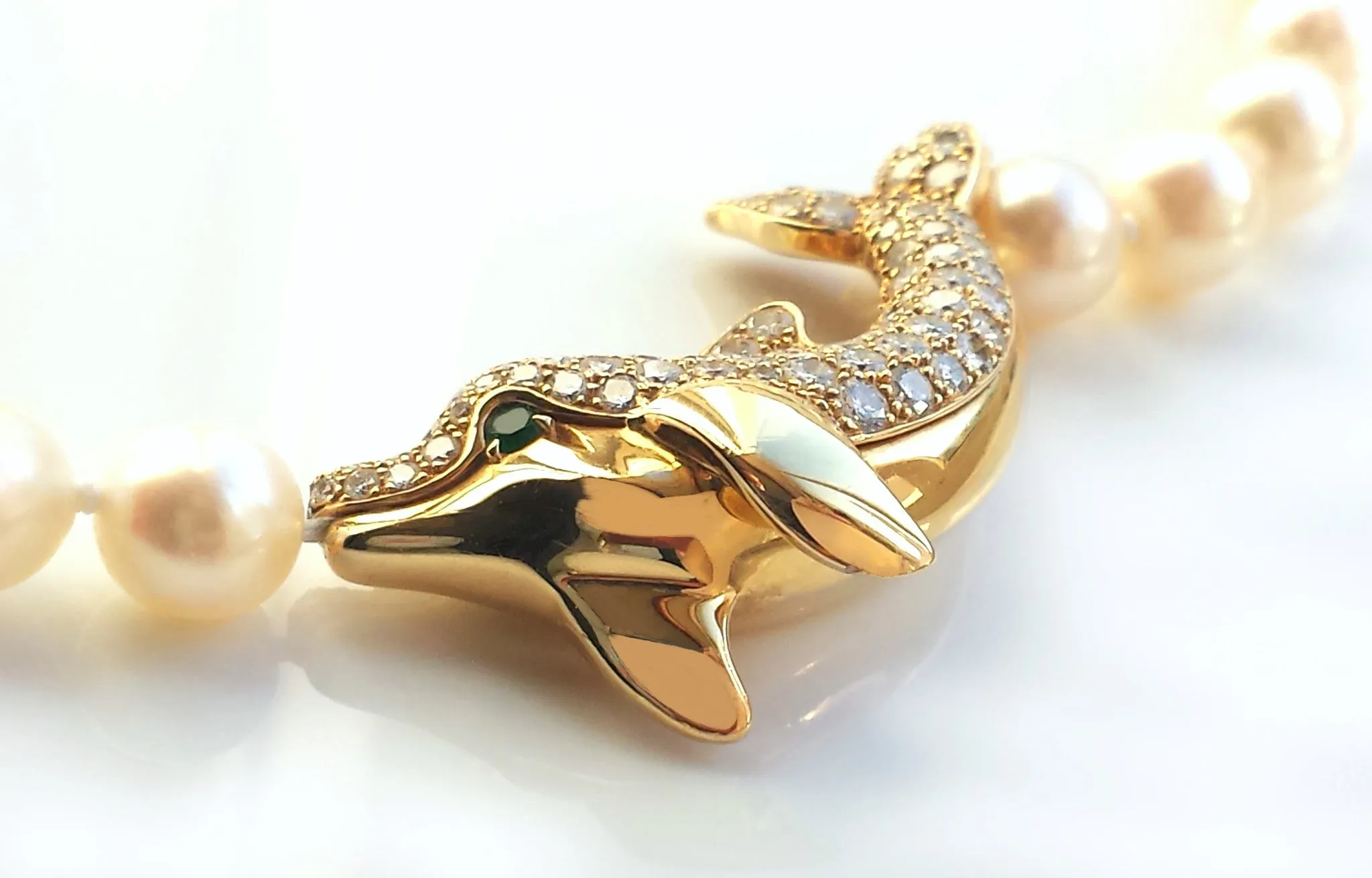 Cartier Akoya Pearl Dolphin Necklace in 18K Gold set with Diamonds & Emerald