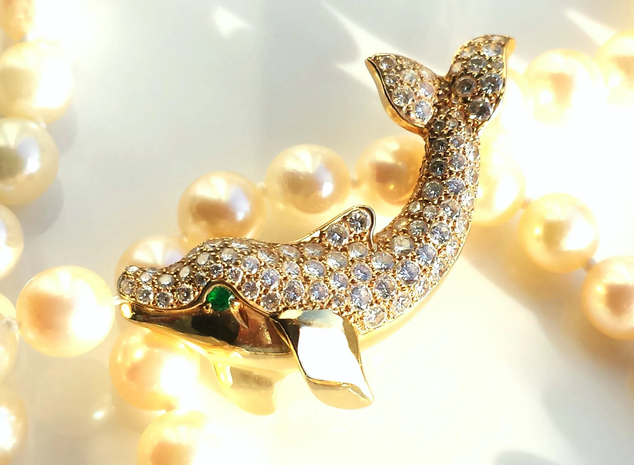 Cartier Akoya Pearl Dolphin Necklace in 18K Gold set with Diamonds & Emerald