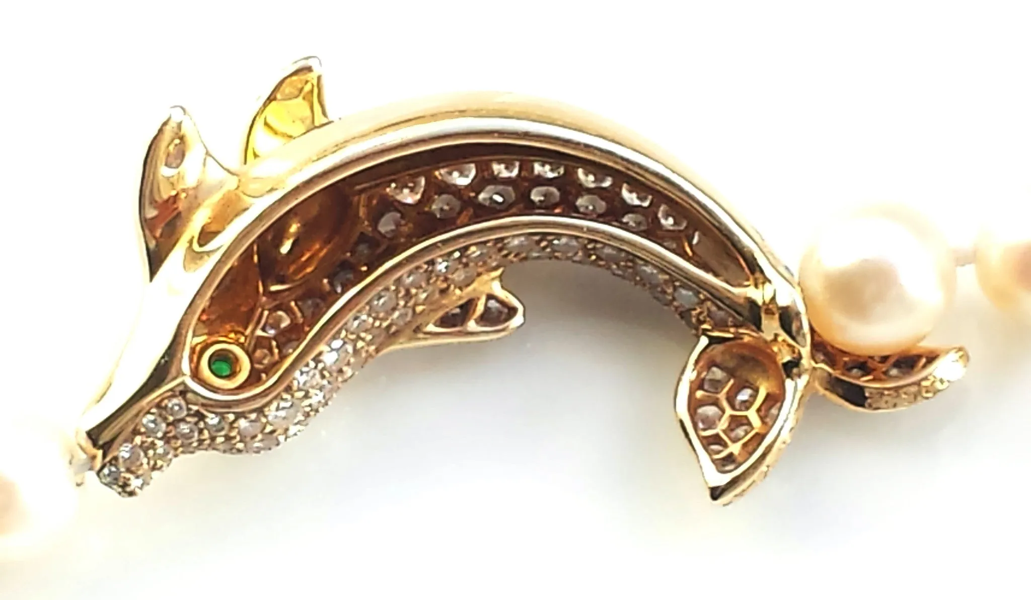 Cartier Akoya Pearl Dolphin Necklace in 18K Gold set with Diamonds & Emerald