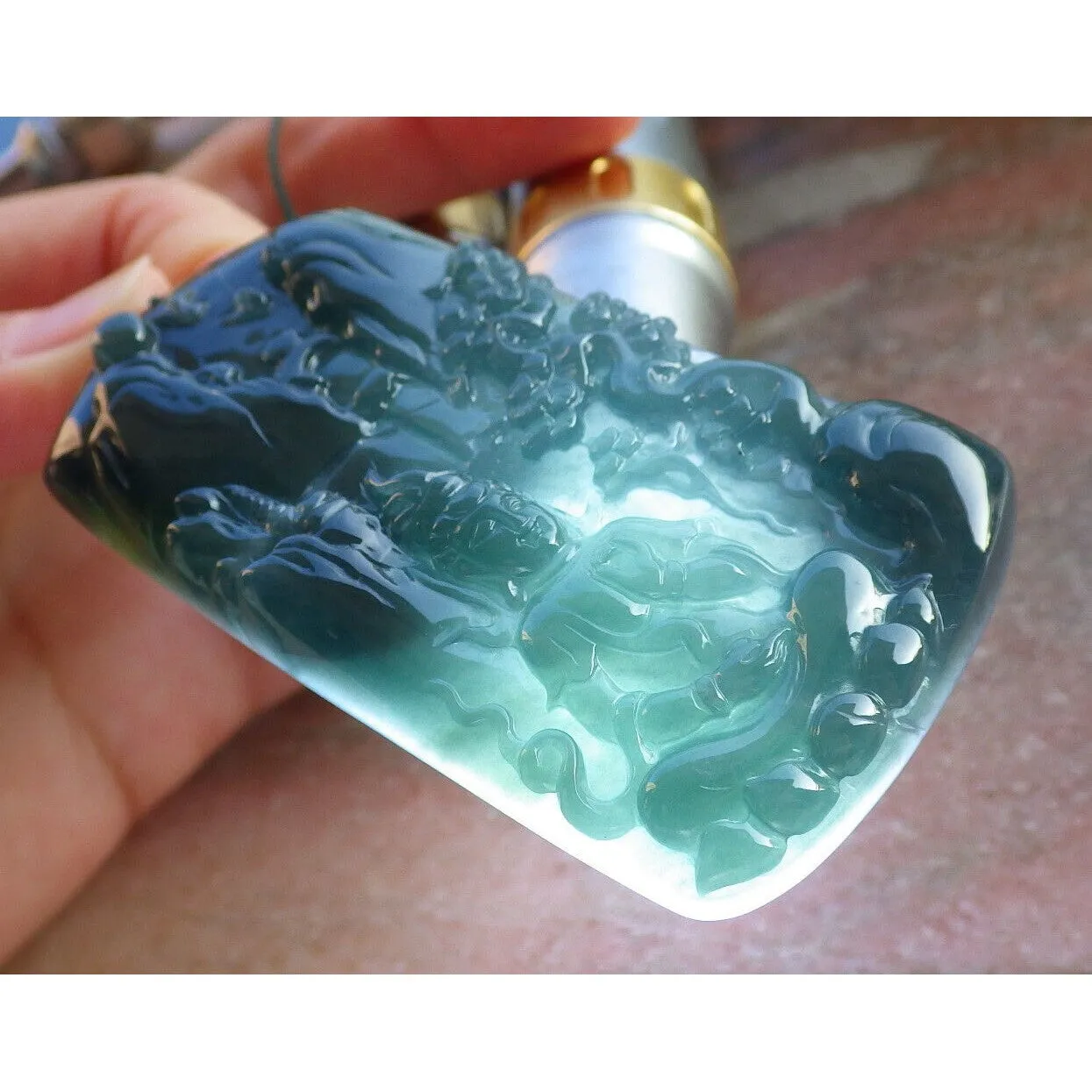 Certified Burma Natural A Jade Jadeite Landscape Painting Tree Guanyin Kwan Yin Necklace