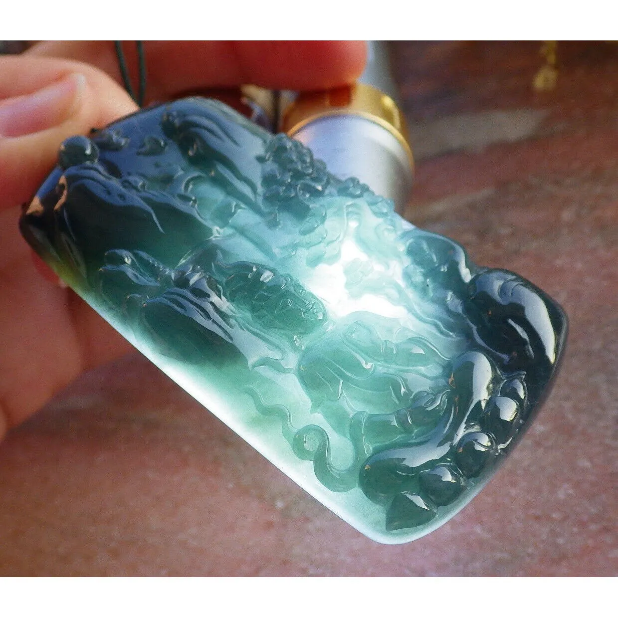 Certified Burma Natural A Jade Jadeite Landscape Painting Tree Guanyin Kwan Yin Necklace