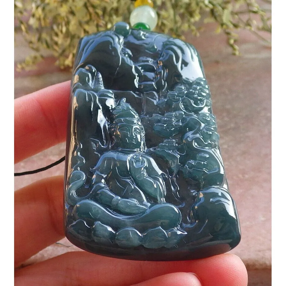 Certified Burma Natural A Jade Jadeite Landscape Painting Tree Guanyin Kwan Yin Necklace