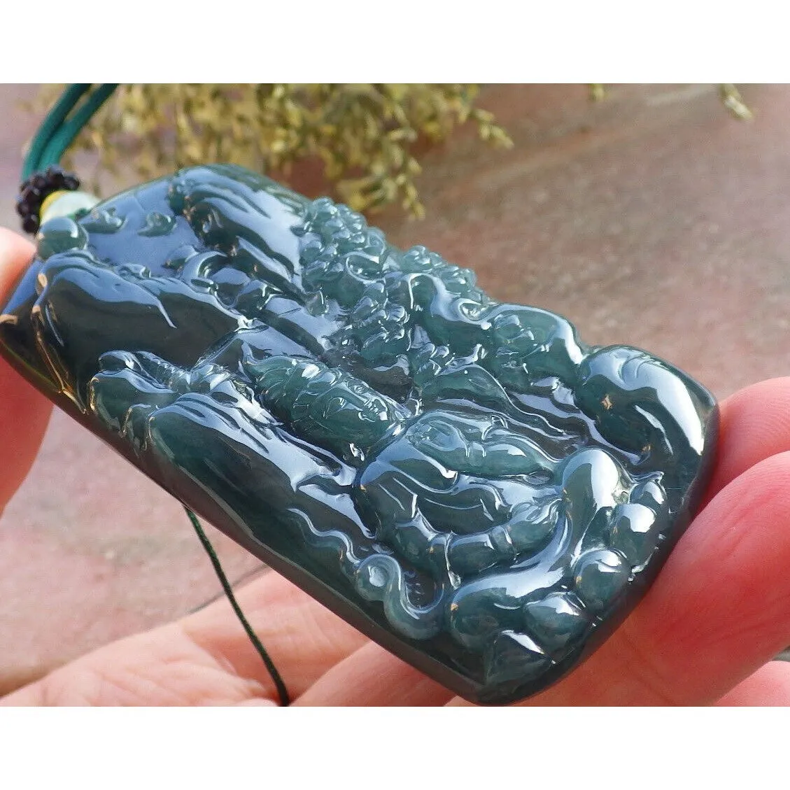 Certified Burma Natural A Jade Jadeite Landscape Painting Tree Guanyin Kwan Yin Necklace