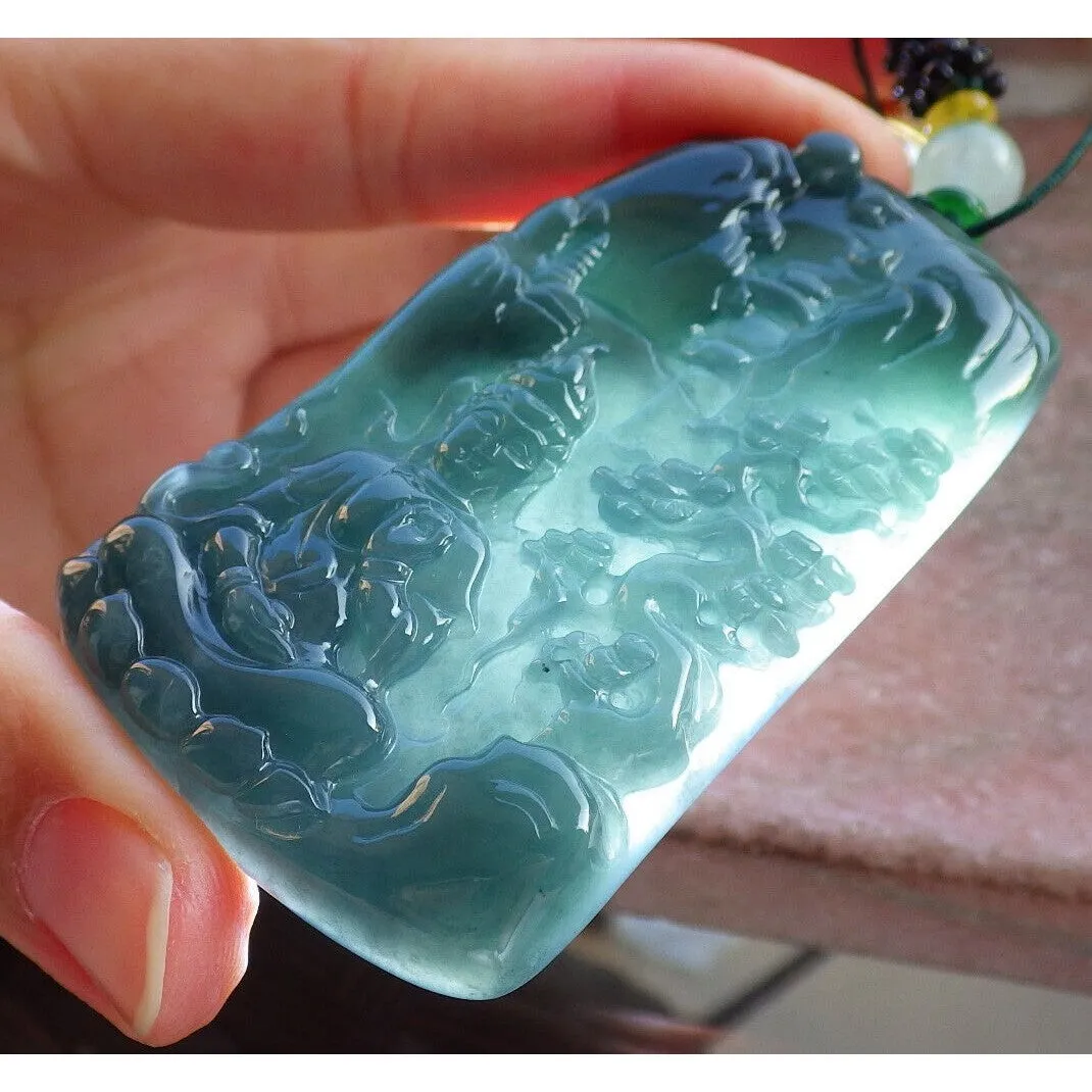 Certified Burma Natural A Jade Jadeite Landscape Painting Tree Guanyin Kwan Yin Necklace