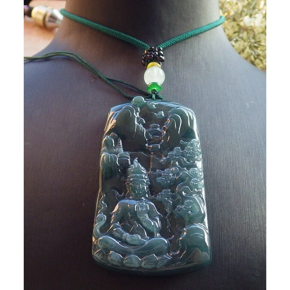 Certified Burma Natural A Jade Jadeite Landscape Painting Tree Guanyin Kwan Yin Necklace
