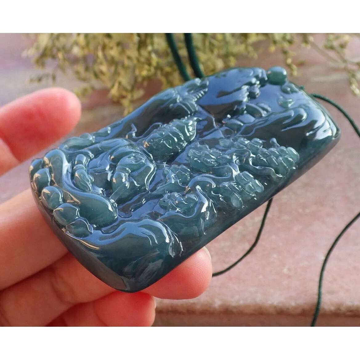 Certified Burma Natural A Jade Jadeite Landscape Painting Tree Guanyin Kwan Yin Necklace