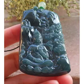 Certified Burma Natural A Jade Jadeite Landscape Painting Tree Guanyin Kwan Yin Necklace