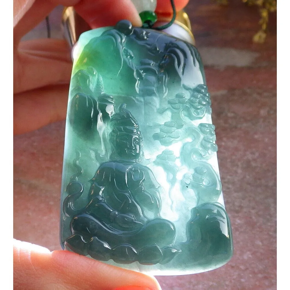 Certified Burma Natural A Jade Jadeite Landscape Painting Tree Guanyin Kwan Yin Necklace