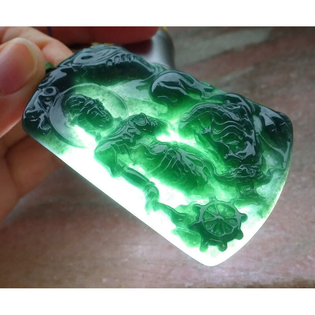 Certified Green Natural A Jade Jadeite Pendant Guanyin Kwan Yin Dragon Necklace