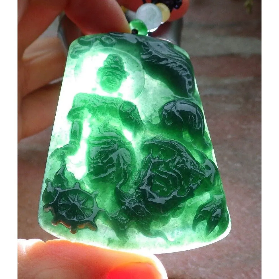 Certified Green Natural A Jade Jadeite Pendant Guanyin Kwan Yin Dragon Necklace